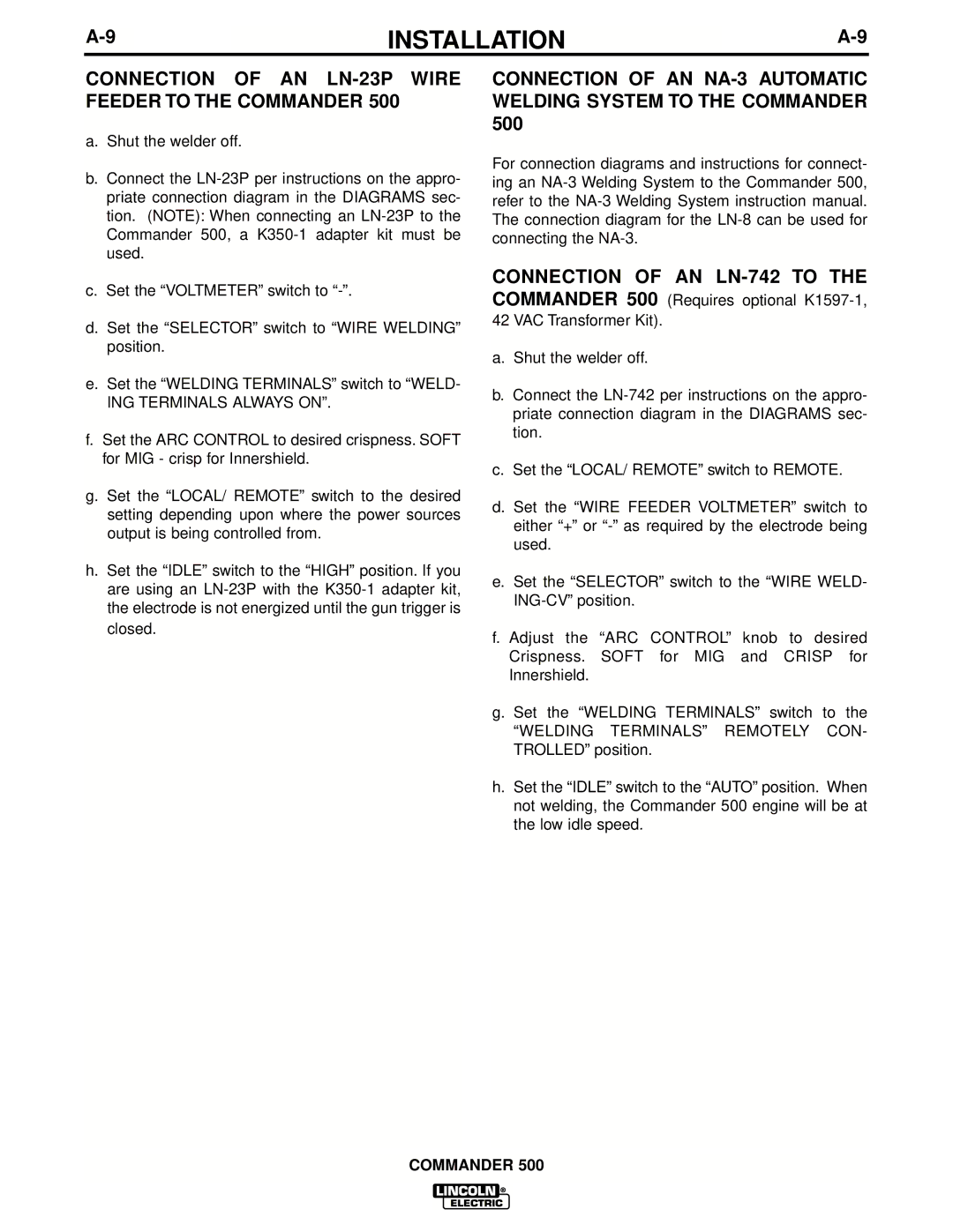 Lincoln Electric IM644-A manual Connection of AN LN-23P Wire Feeder to the Commander 