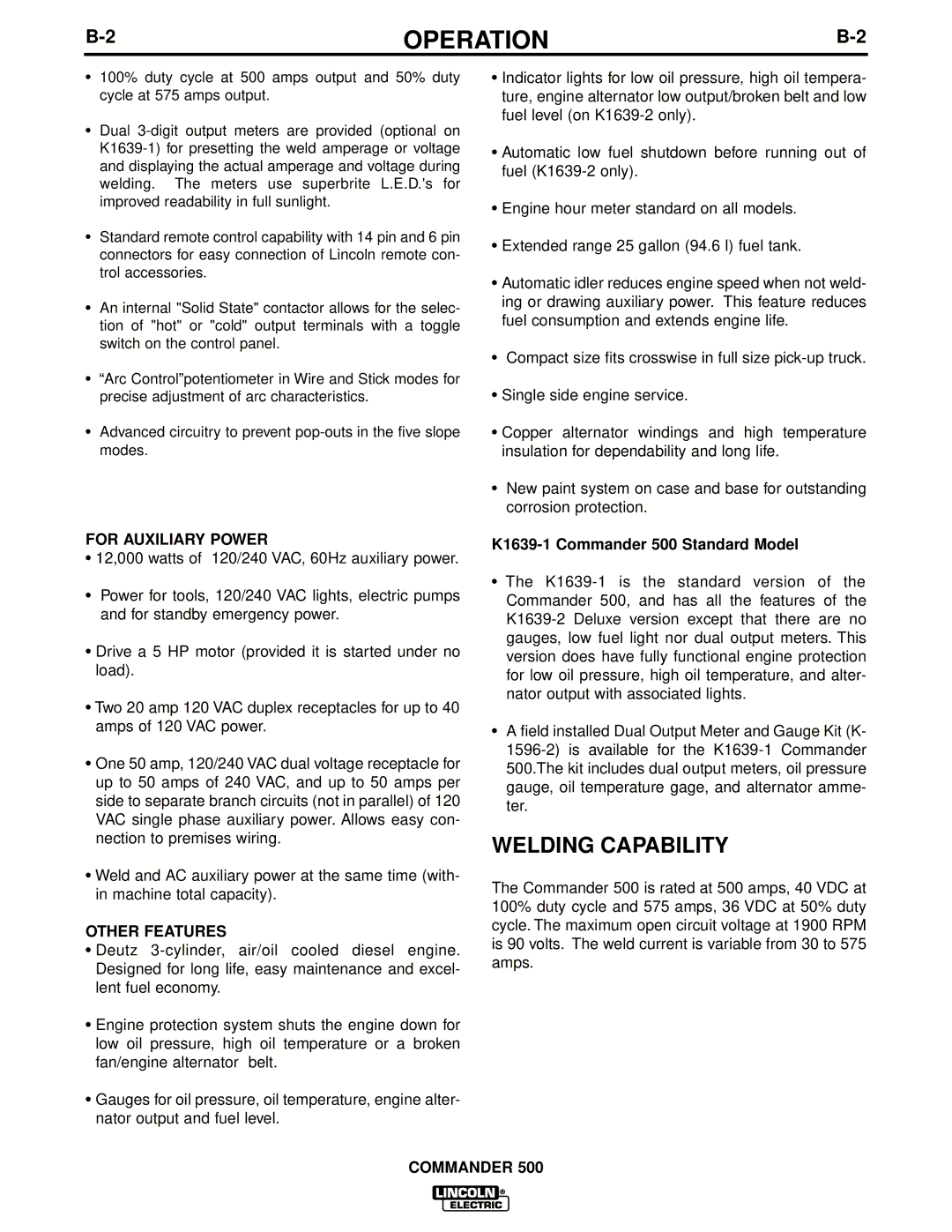 Lincoln Electric IM644-A Welding Capability, For Auxiliary Power, Other Features, K1639-1 Commander 500 Standard Model 