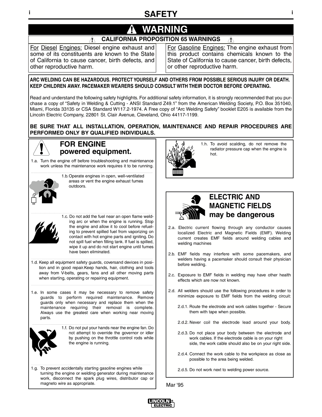 Lincoln Electric IM644-A manual Safety, California Proposition 65 Warnings 