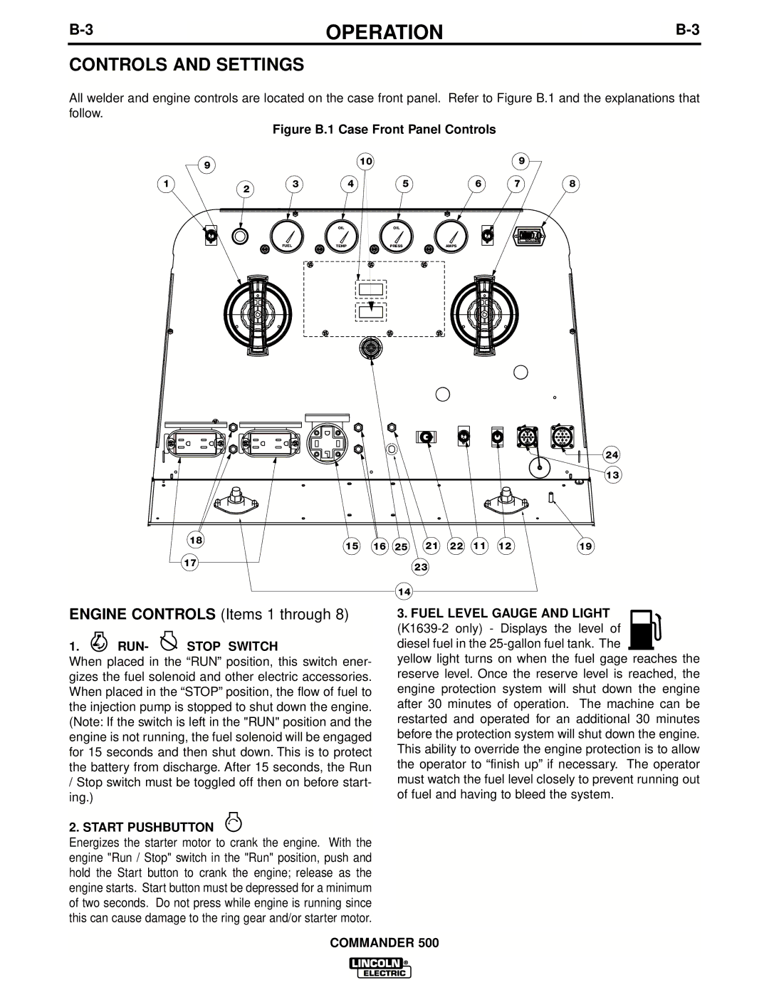 Lincoln Electric IM644-A manual Controls and Settings, RUN- Stop Switch, Start Pushbutton, Fuel Level Gauge and Light 