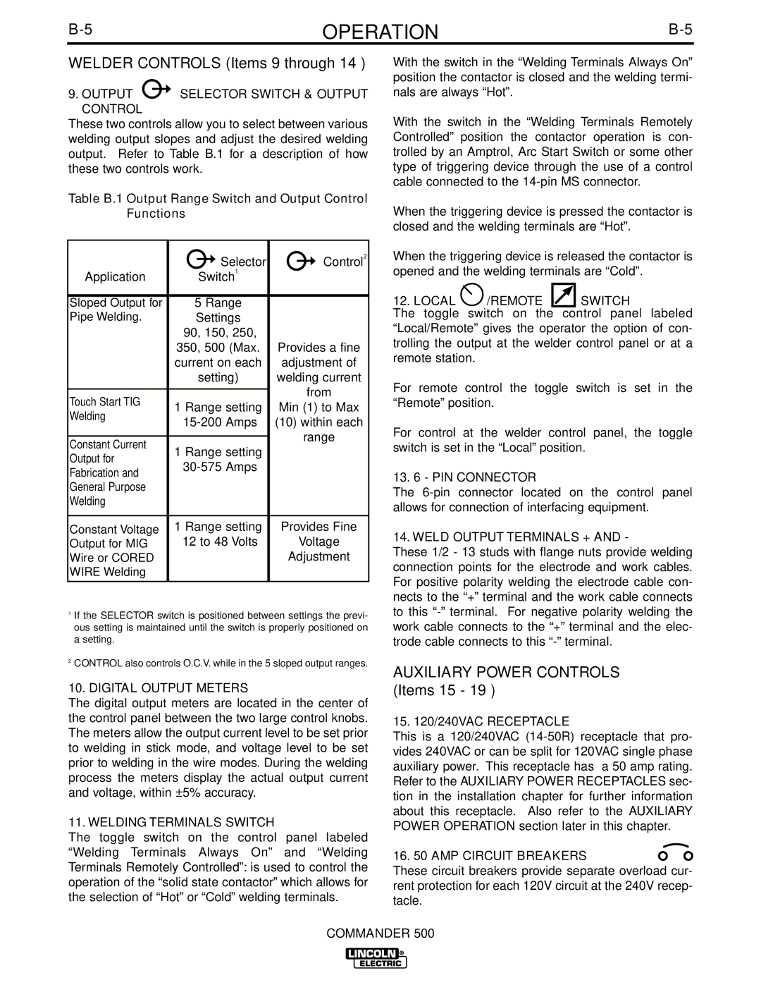 Lincoln Electric IM644-A manual Auxiliary Power Controls 