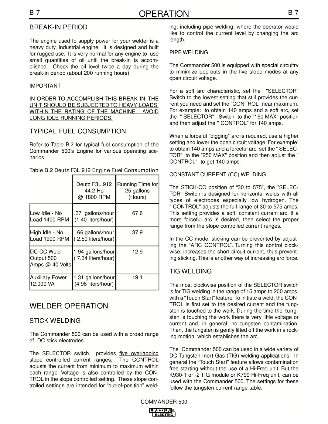 Lincoln Electric IM644-A manual Welder Operation, BREAK-IN Period, Typical Fuel Consumption, Stick Welding, TIG Welding 