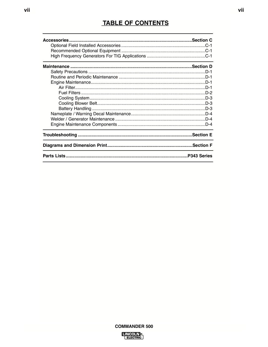 Lincoln Electric IM644-A manual Section C, Section D, Section E, Section F, P343 Series 