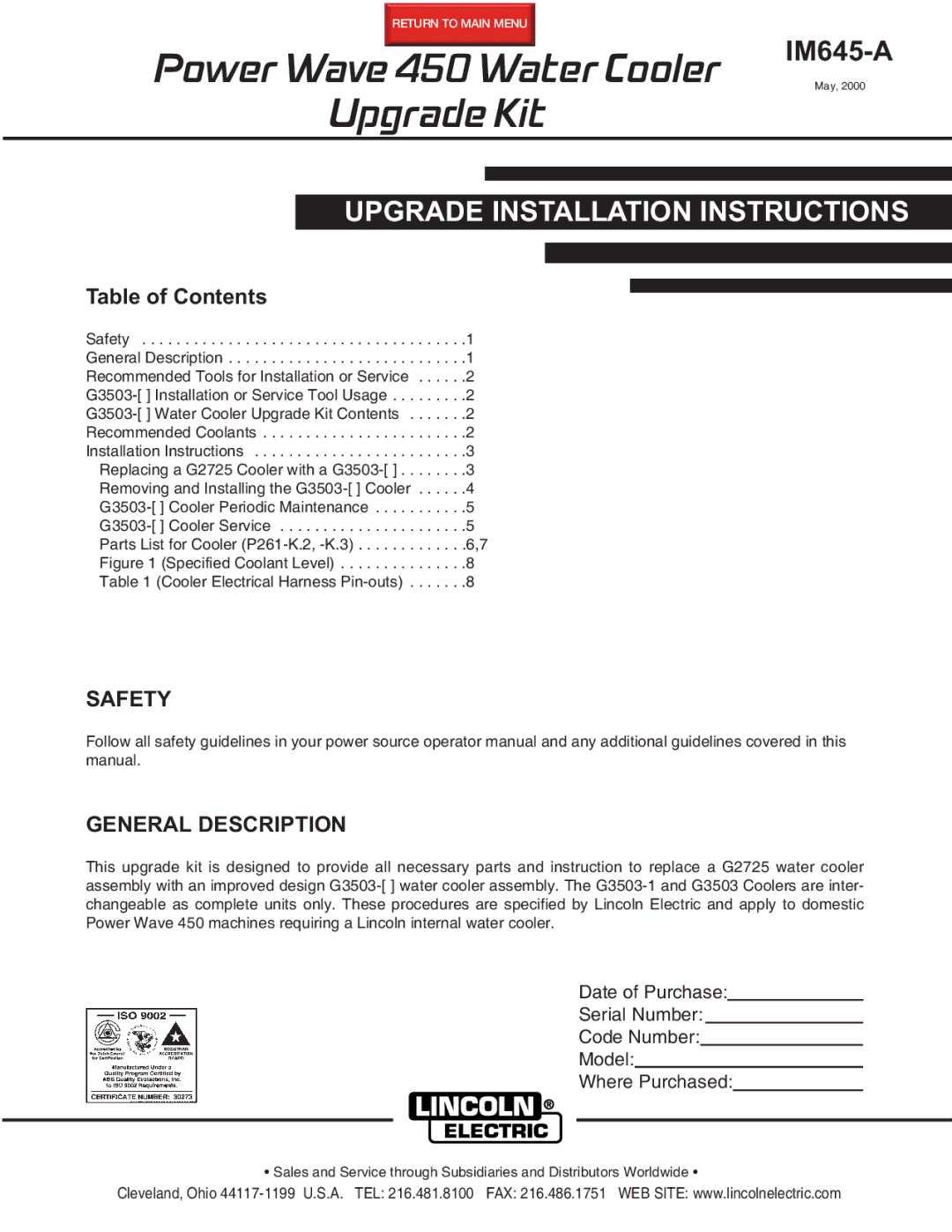 Lincoln Electric IM645-A installation instructions Safety, General Description 