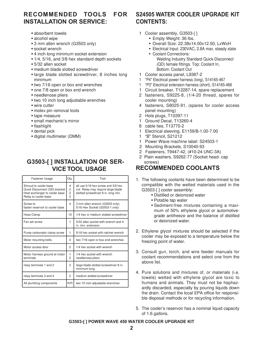 Lincoln Electric IM645-A Recommended Tools for Installation or Service, G3503- Installation or SER Vice Tool Usage 