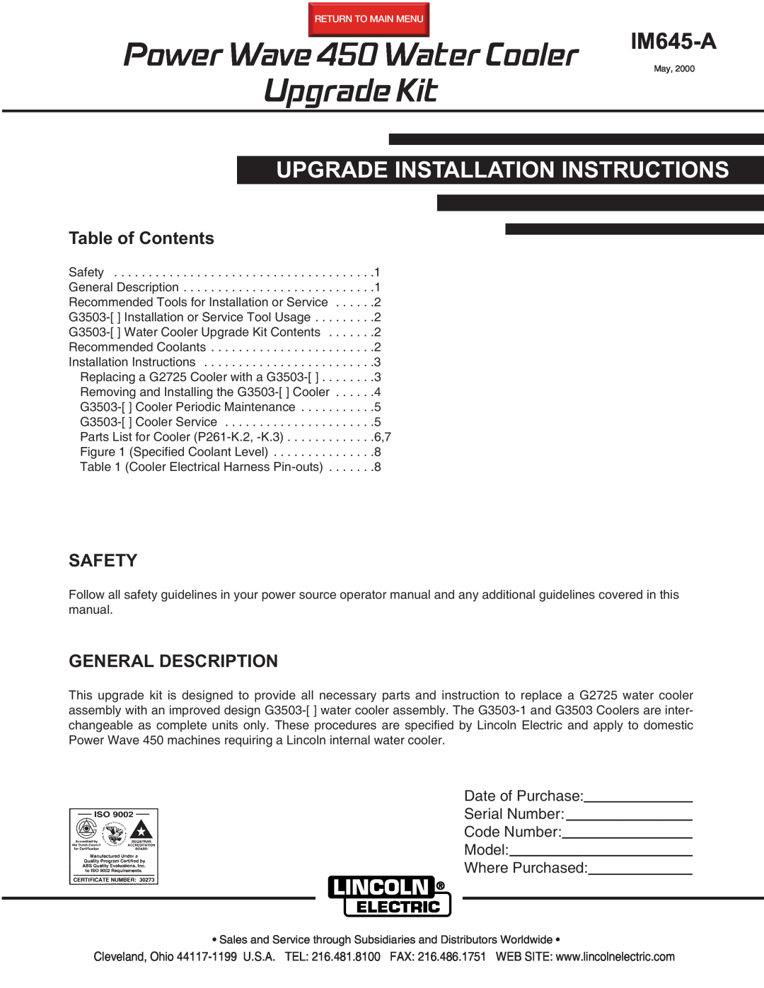 Lincoln Electric IM645-A installation instructions Table of Contents, Safety, General Description 