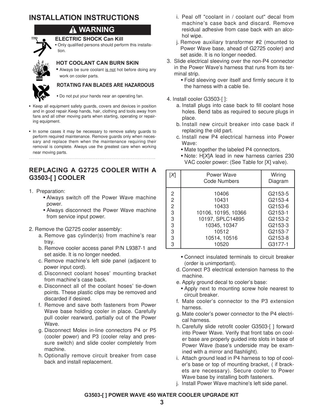 Lincoln Electric IM645-A Installation Instructions, REPLACING A G2725 COOLER WITH A G3503- COOLER, ELECTRIC SHOCK Can Kill 
