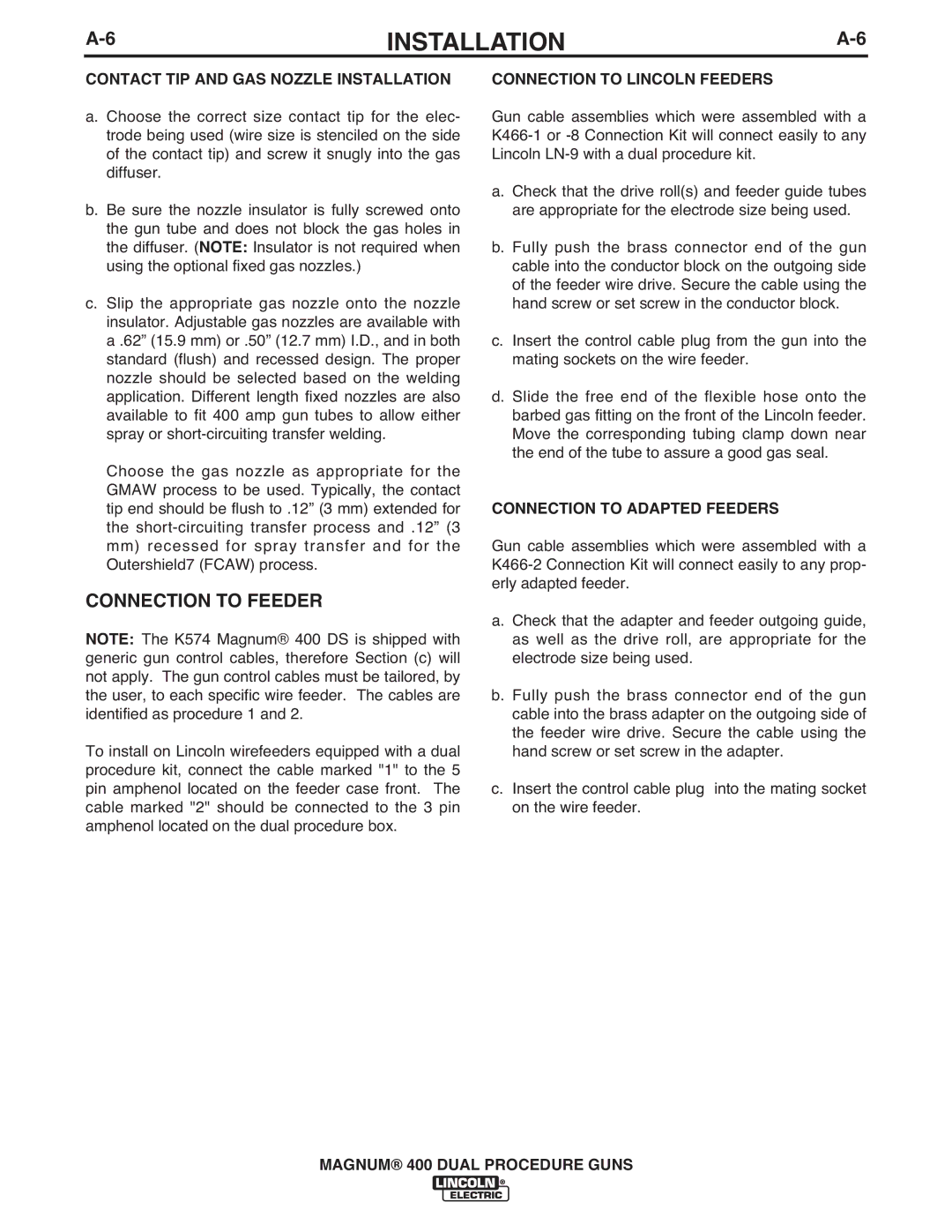 Lincoln Electric IM646-A Connection to Feeder, Contact TIP and GAS Nozzle Installation, Connection to Lincoln Feeders 