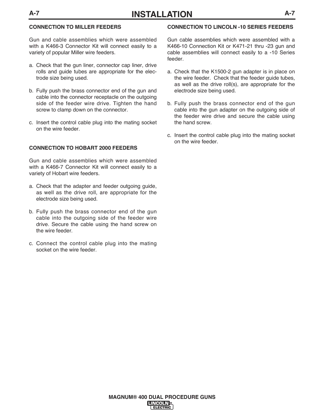 Lincoln Electric IM646-A manual Connection to Miller Feeders, Connection to Hobart 2000 Feeders 