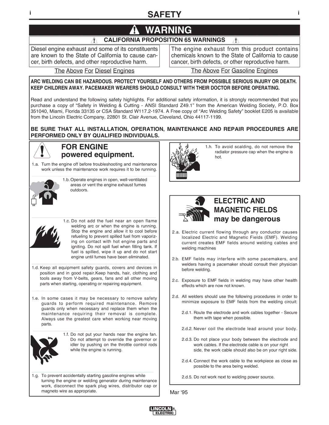 Lincoln Electric IM646-A manual Safety, California Proposition 65 Warnings 