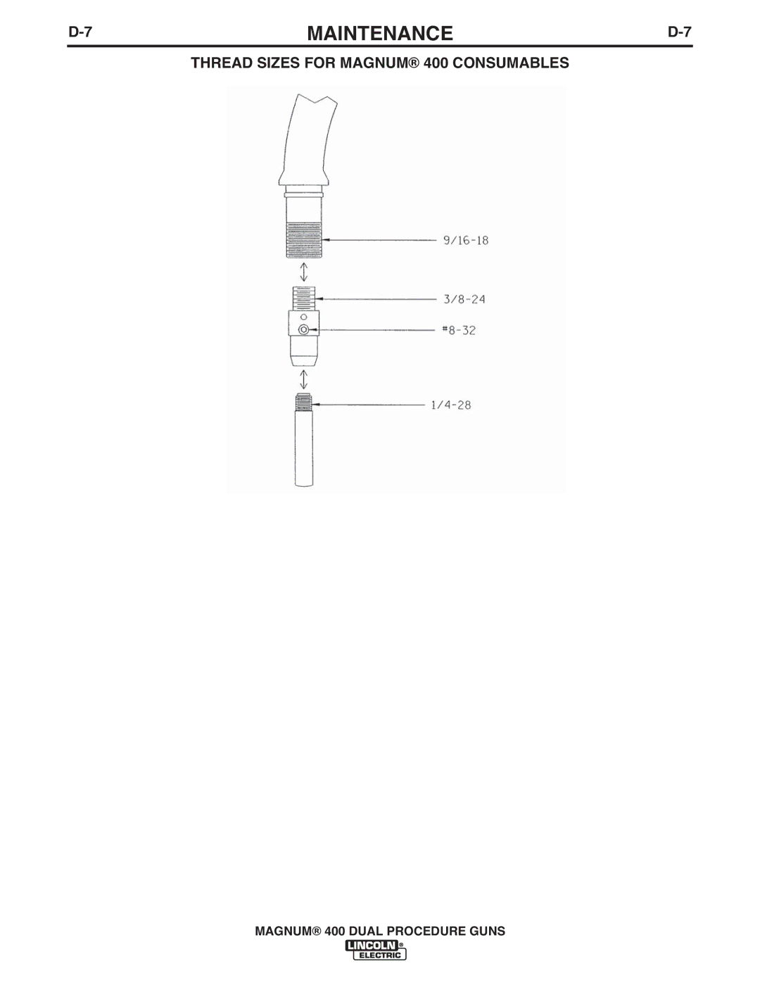 Lincoln Electric IM646-A manual Thread Sizes for Magnum 400 Consumables 