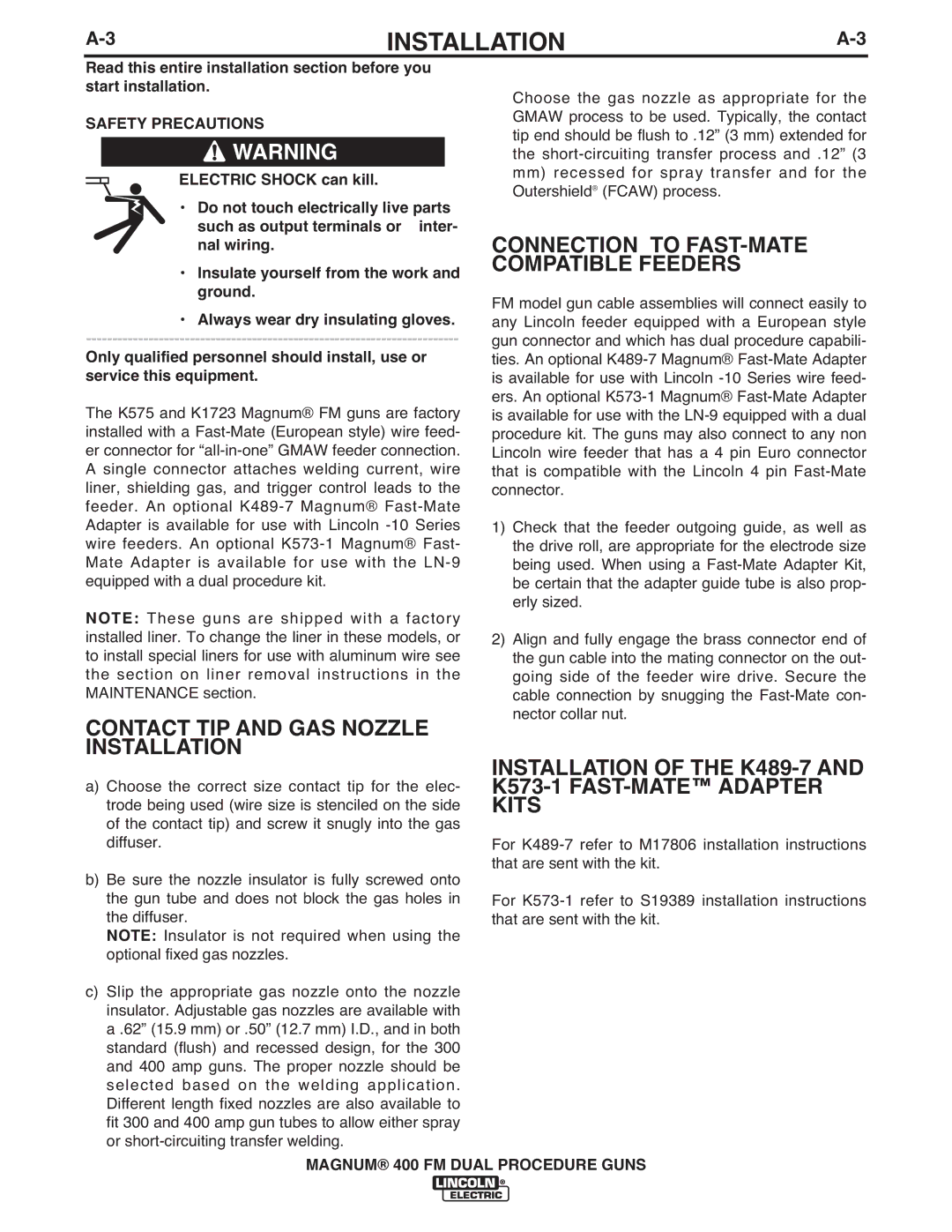 Lincoln Electric IM647-A manual Contact TIP and GAS Nozzle Installation 