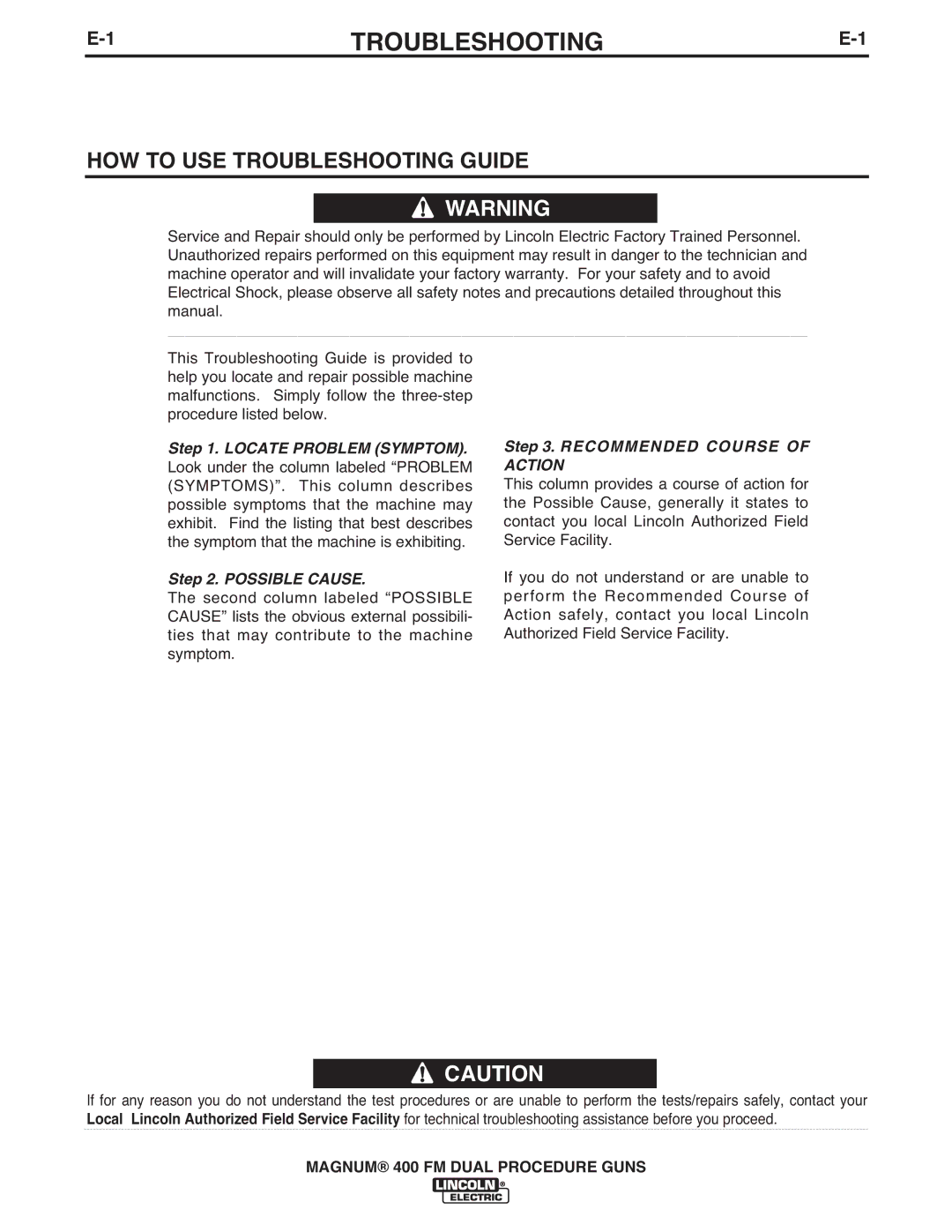 Lincoln Electric IM647-A manual HOW to USE Troubleshooting Guide 