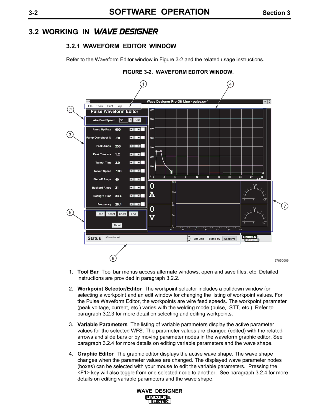 Lincoln Electric IM649 manual Working in Wave Designer, Waveform Editor Window 