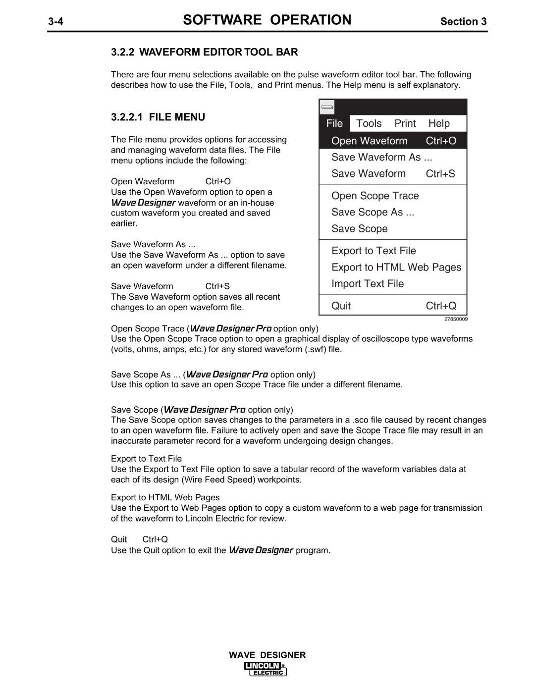 Lincoln Electric IM649 manual Waveform Editor Tool BAR, File Menu 