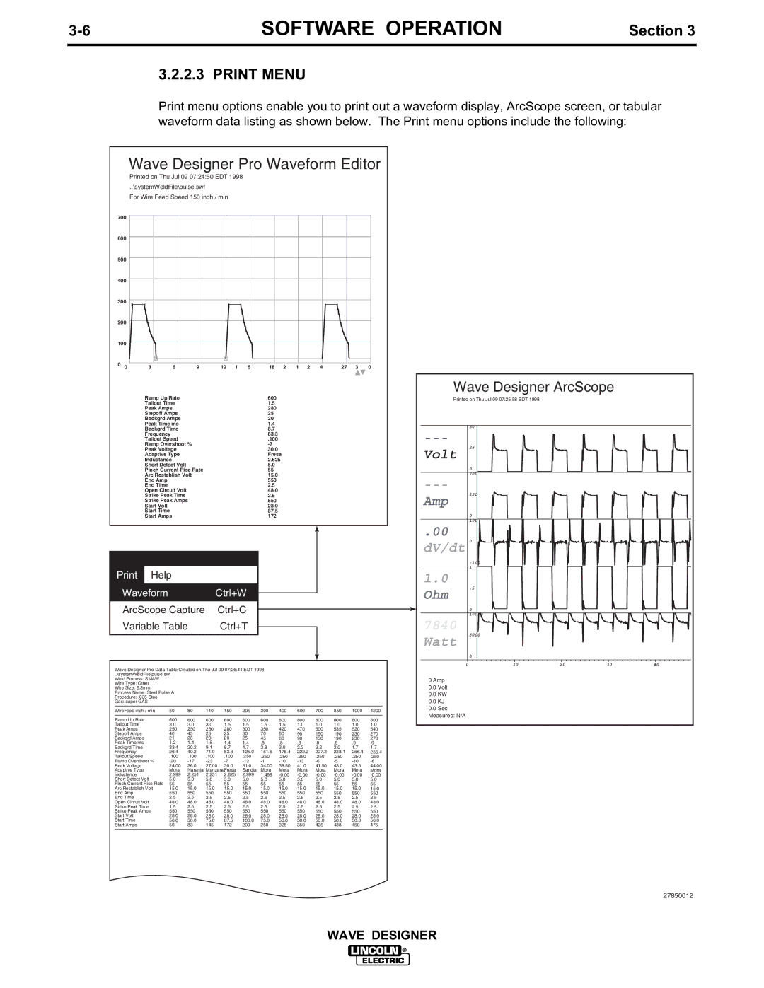 Lincoln Electric IM649 manual Print Menu, Wave Designer Pro Waveform Editor 