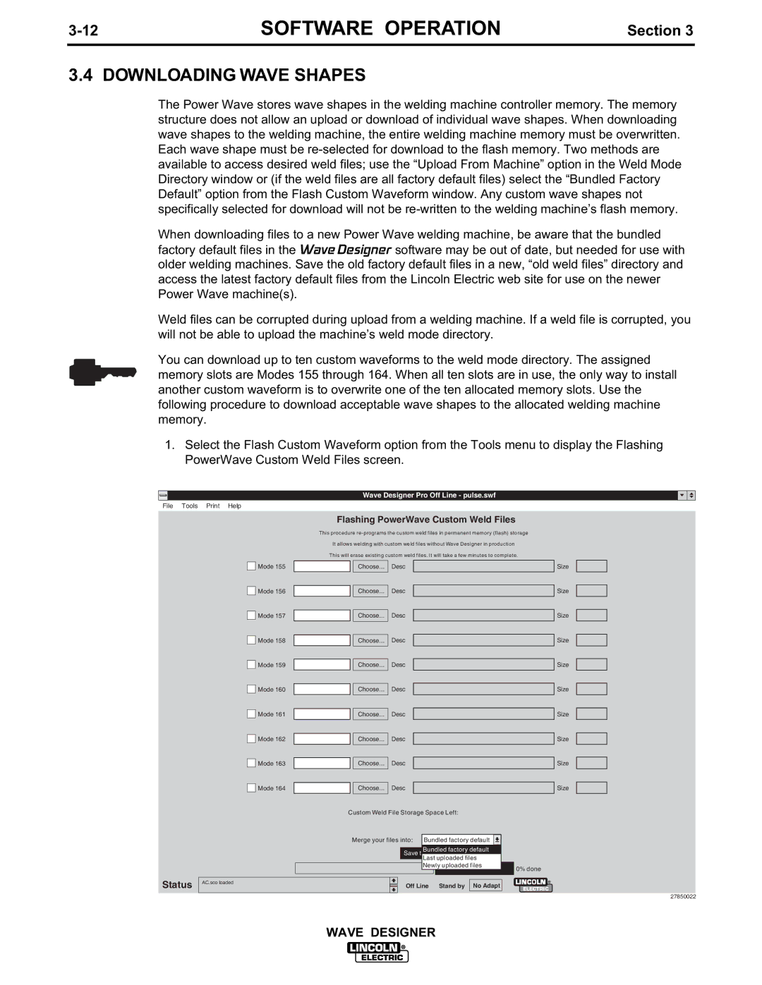 Lincoln Electric IM649 manual Downloading Wave Shapes, Flashing PowerWave Custom Weld Files 