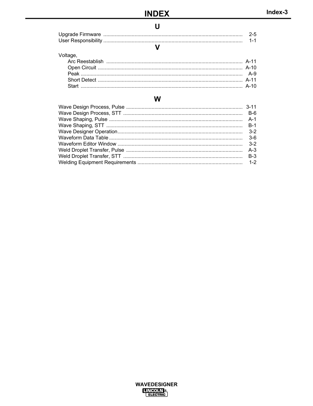 Lincoln Electric IM649 manual Index-3, Voltage 