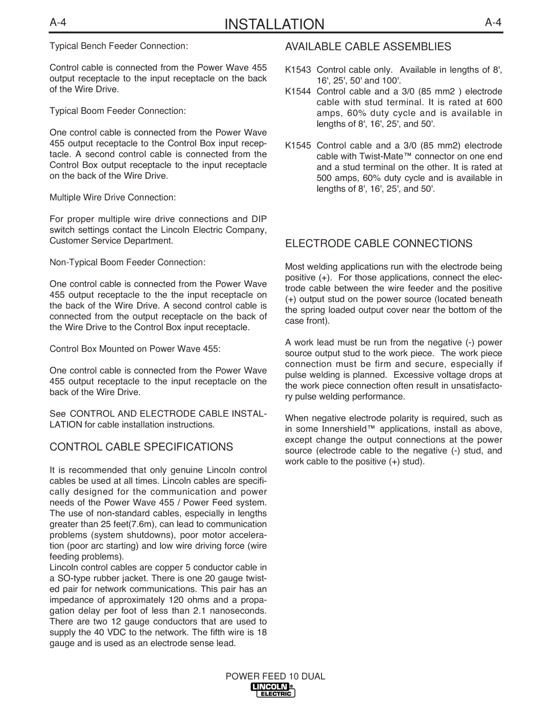 Lincoln Electric IM658-A manual Control Cable Specifications, Available Cable Assemblies, Electrode Cable Connections 