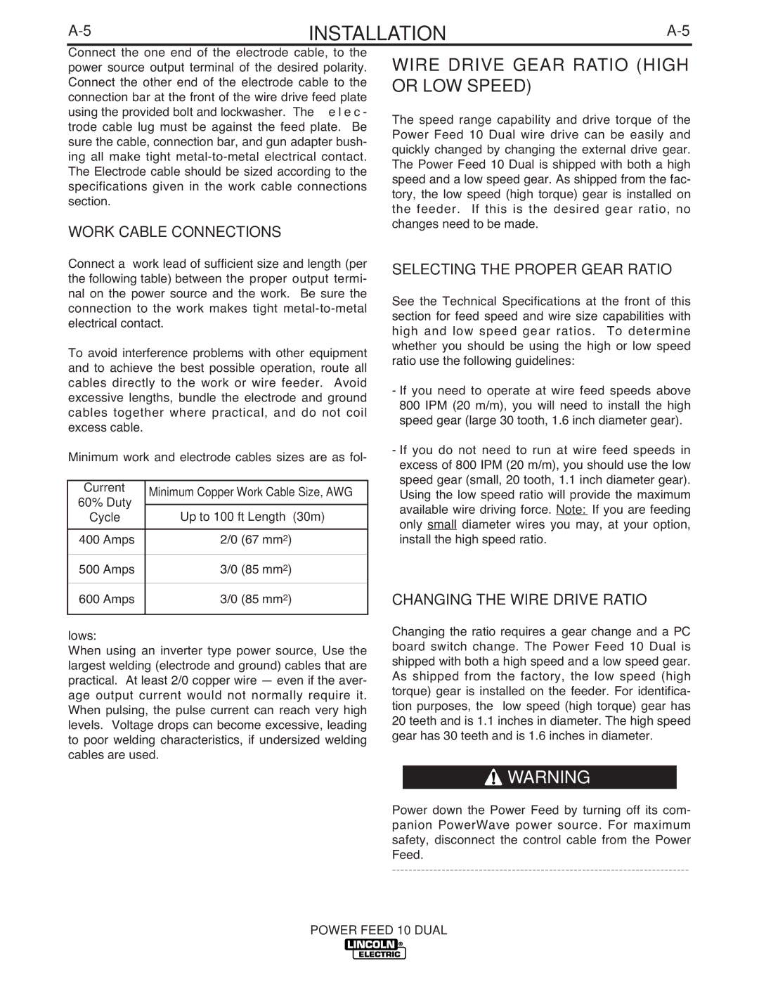 Lincoln Electric IM658-A Wire Drive Gear Ratio High or LOW Speed, Work Cable Connections, Selecting the Proper Gear Ratio 