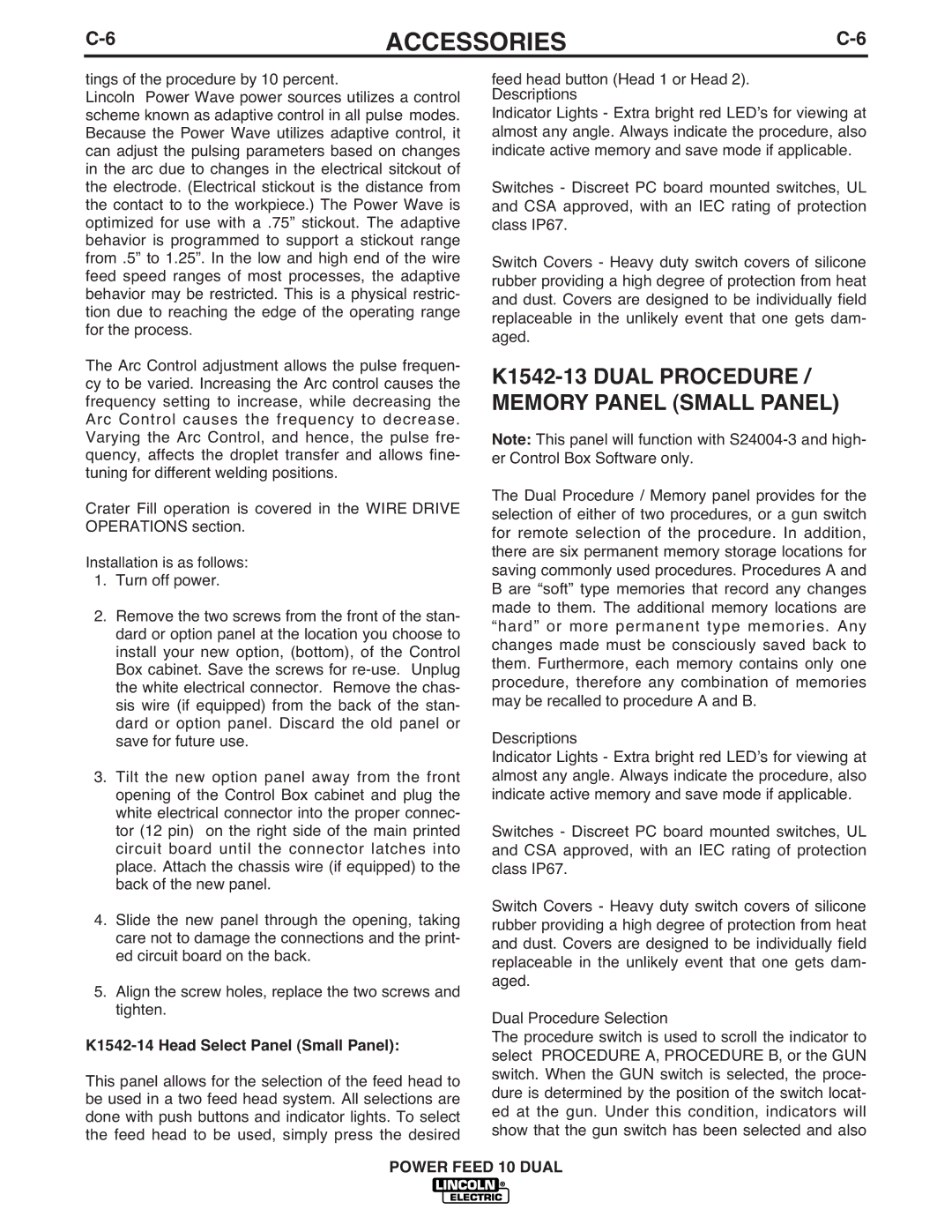 Lincoln Electric IM658-A manual K1542-13 Dual Procedure Memory Panel Small Panel, K1542-14 Head Select Panel Small Panel 