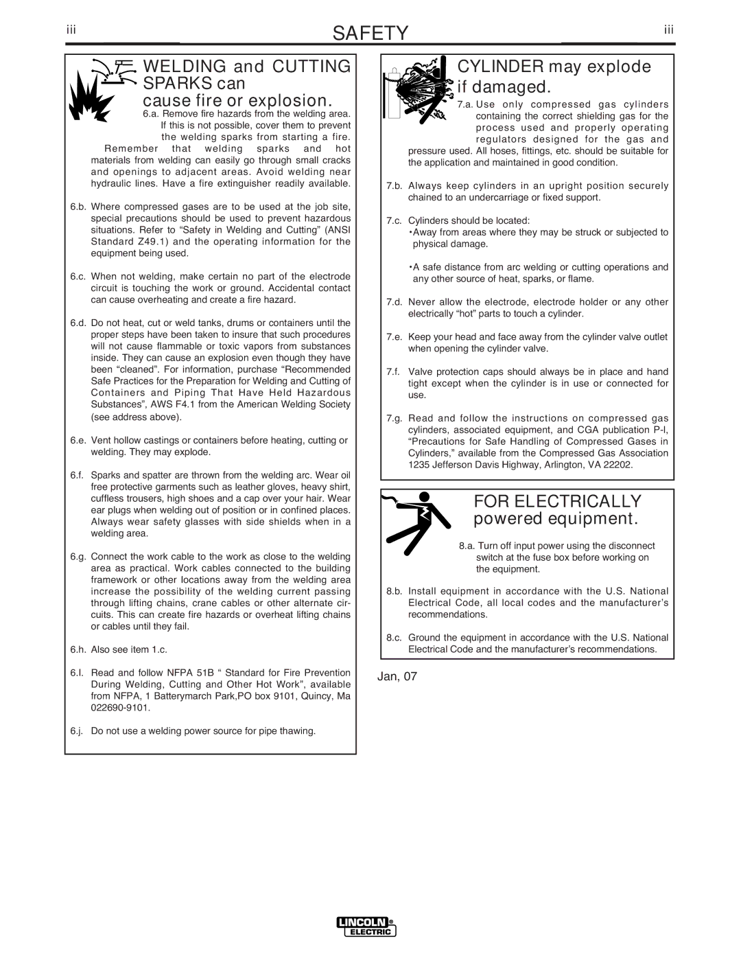 Lincoln Electric IM658-A manual Welding and Cutting Sparks can Cause fire or explosion, Iii 