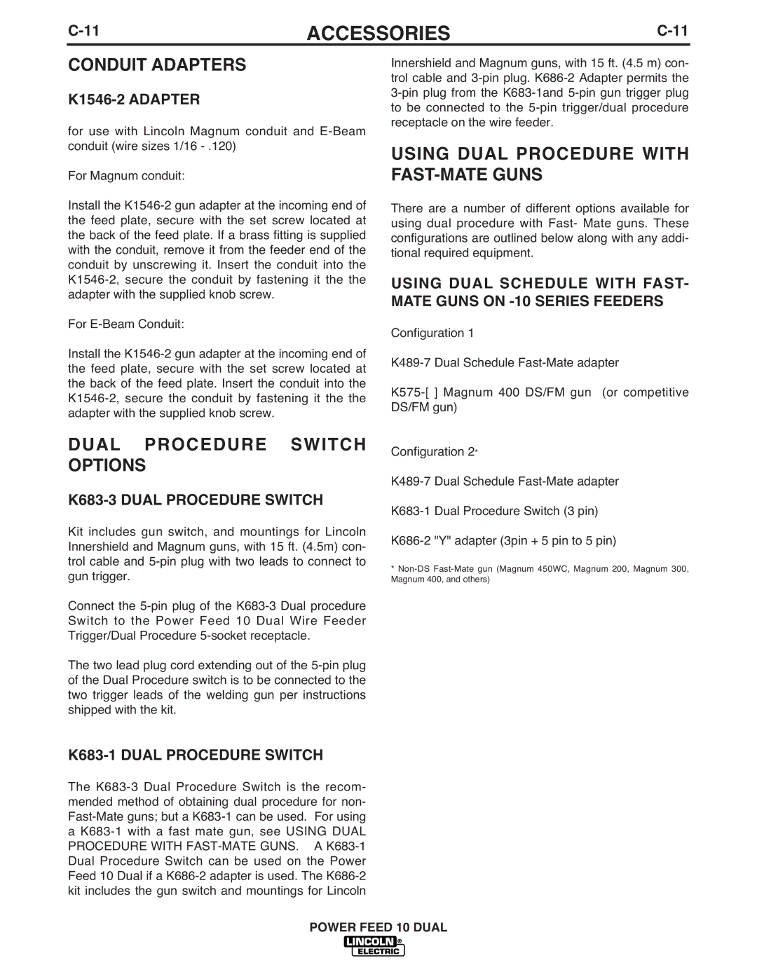 Lincoln Electric IM658-A manual Conduit Adapters, Dual Procedure Switch Options, Using Dual Procedure with FAST-MATE Guns 