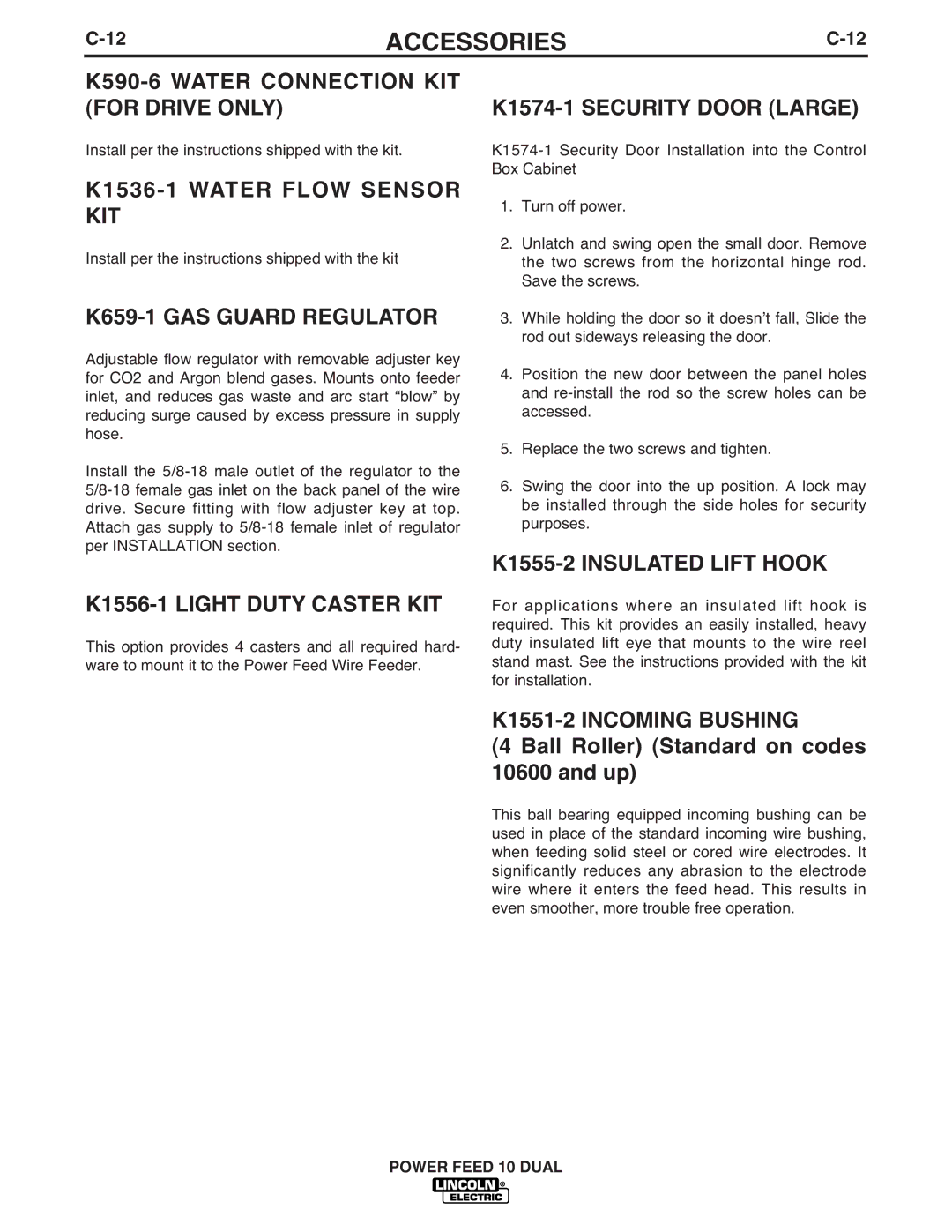 Lincoln Electric IM658-A manual K590-6 Water Connection KIT for Drive only, K1536-1 Water Flow Sensor KIT 