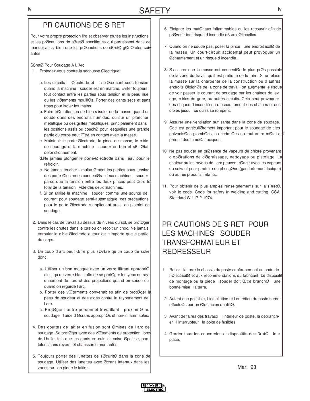 Lincoln Electric IM658-A manual Précautions DE Sûreté, Sûreté Pour Soudage a LʼArc 