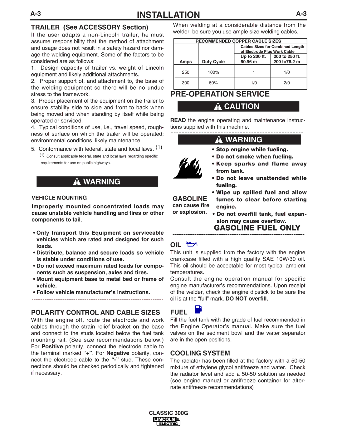 Lincoln Electric 10659, IM659-B PRE-OPERATION Service, Gasoline, Polarity Control and Cable Sizes, Fuel, Cooling System 