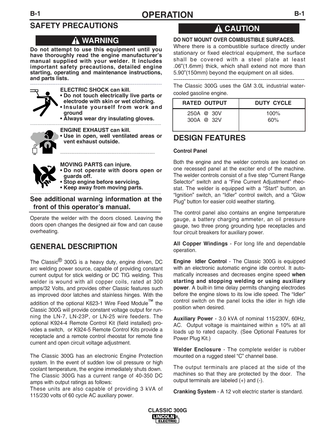 Lincoln Electric IM659-B, 10912 Operation, General Description, Design Features, Rated Output Duty Cycle, Control Panel 