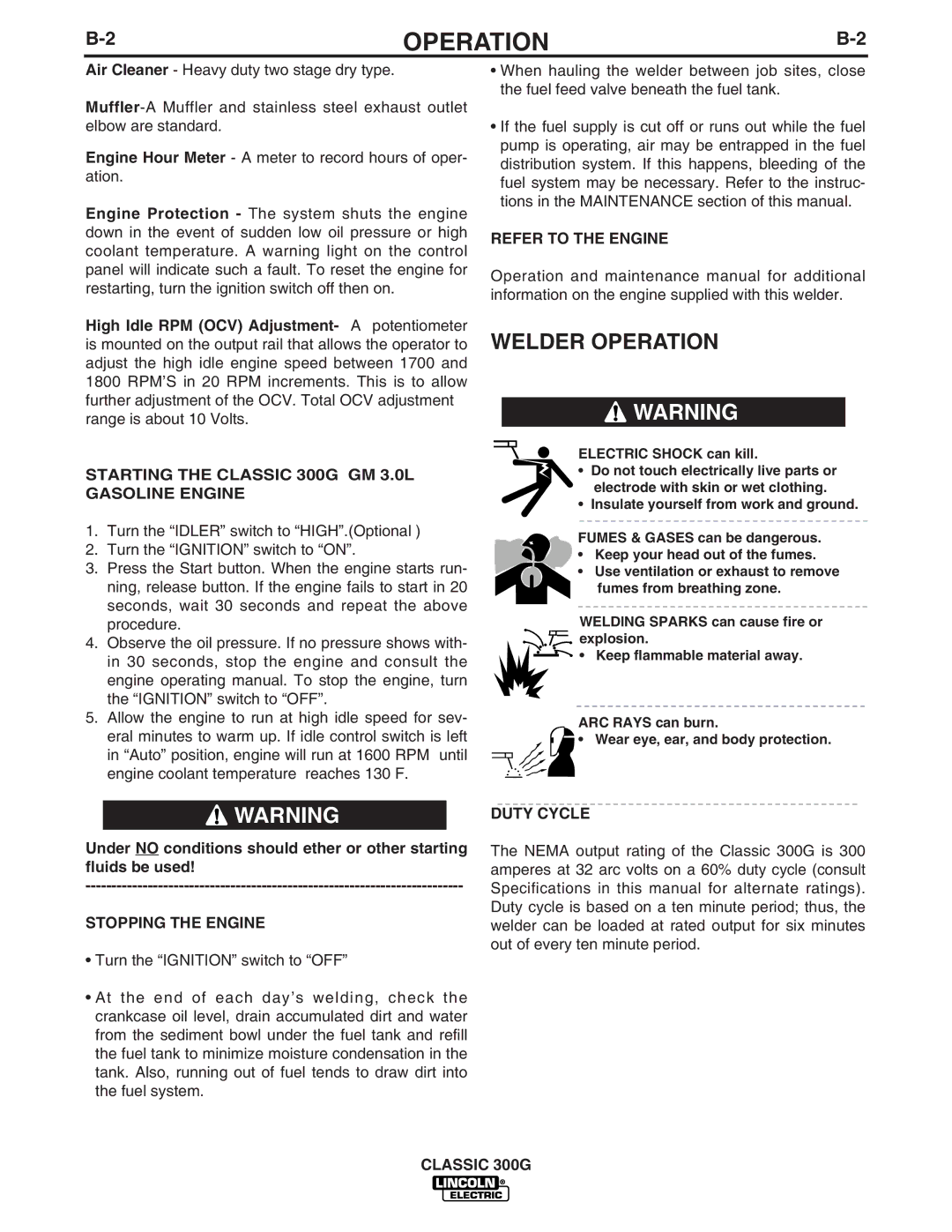 Lincoln Electric 10912, IM659-B Welder Operation, Starting the Classic 300G GM 3.0L Gasoline Engine, Stopping the Engine 
