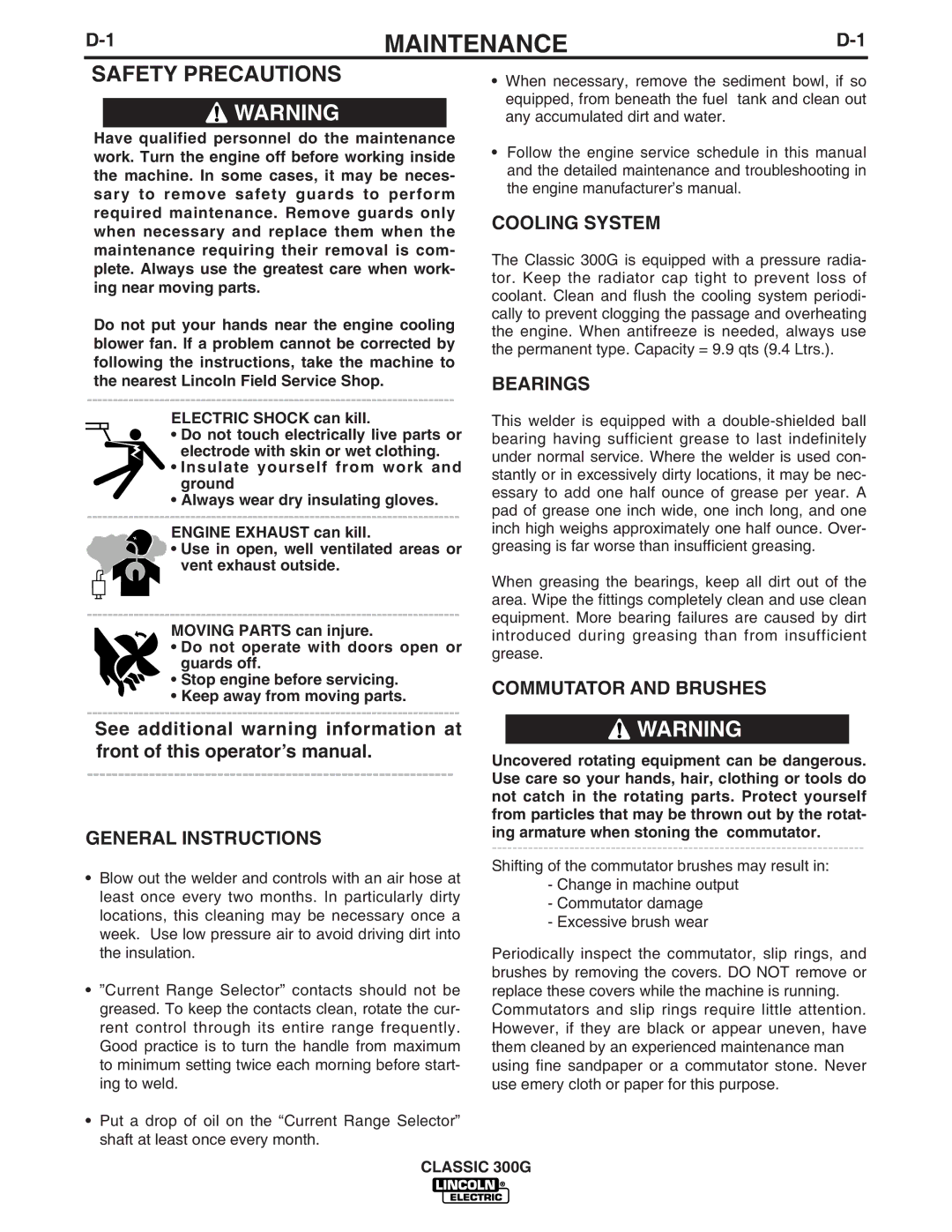 Lincoln Electric IM659-B, 10912, 10659, 11135 manual Maintenance, General Instructions, Bearings, Commutator and Brushes 