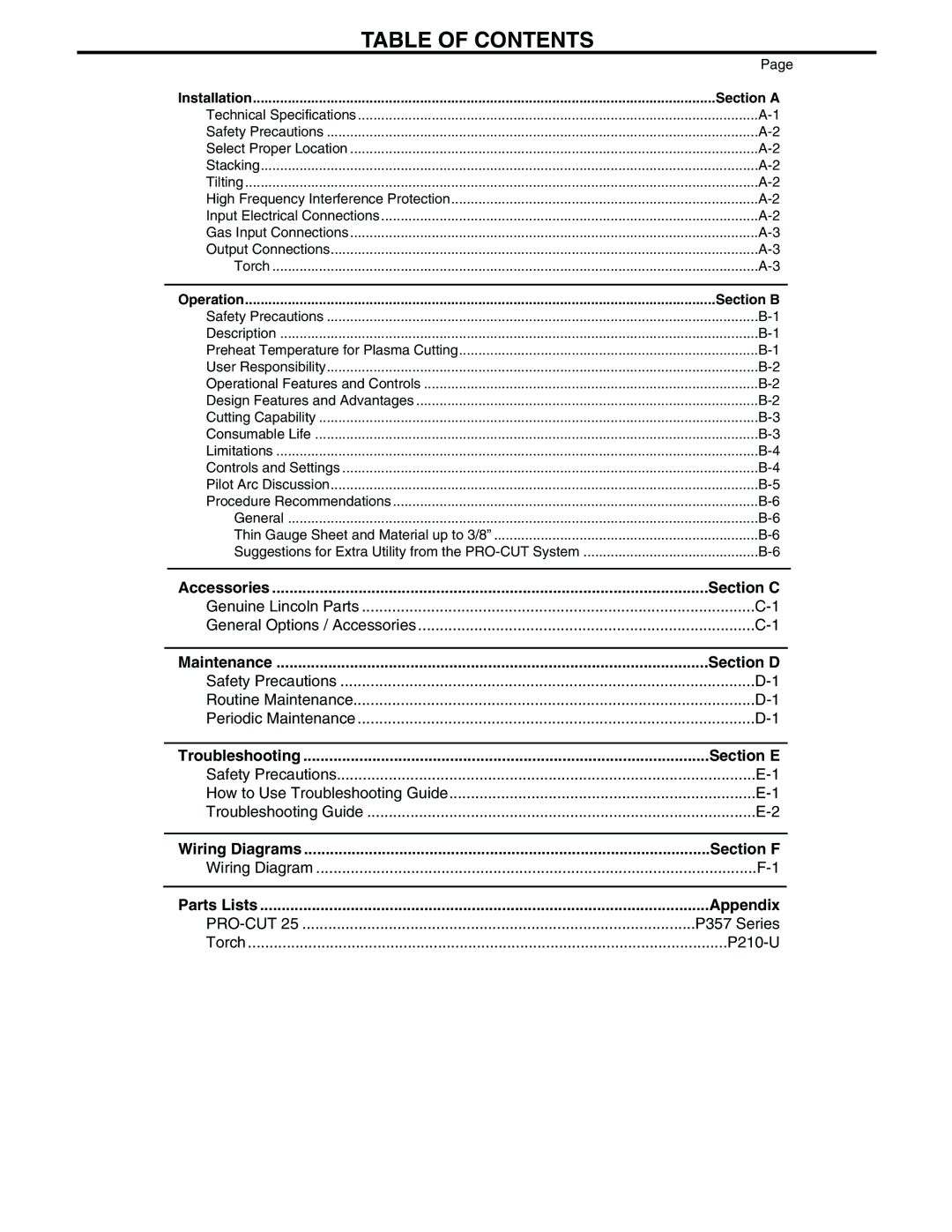 Lincoln Electric IM665 manual Table of Contents 