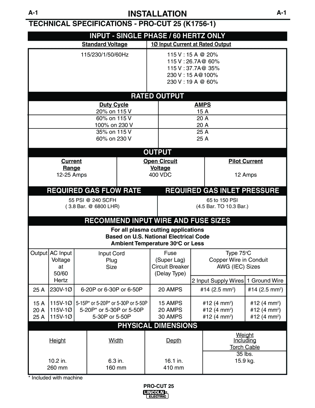 Lincoln Electric IM665 manual Installation, Technical Specifications PRO-CUT 25 K1756-1 