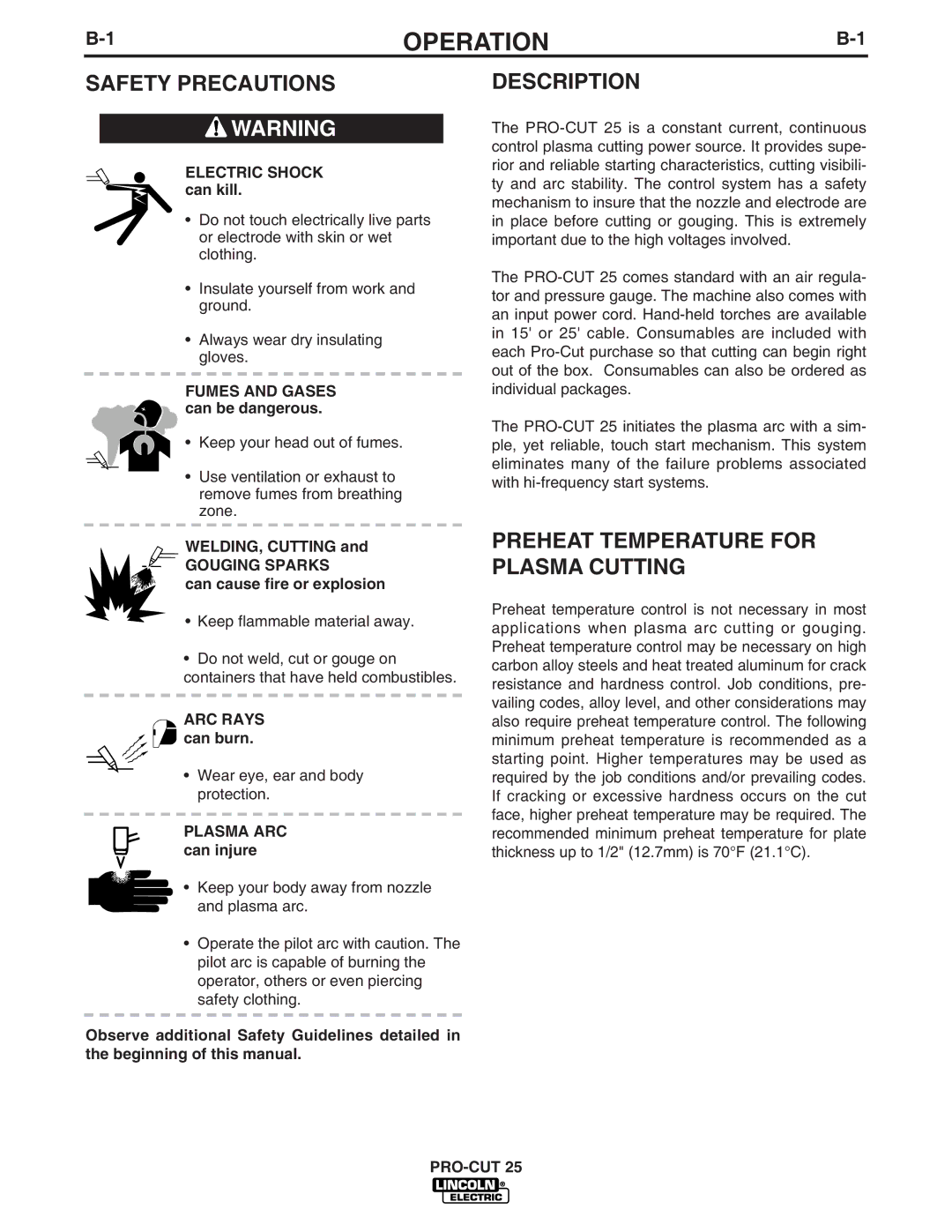 Lincoln Electric IM665 manual Operation, Safety Precautions, Description, Preheat Temperature for Plasma Cutting 