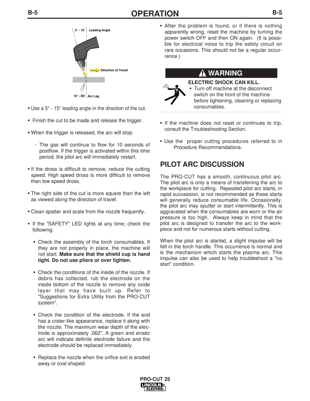 Lincoln Electric IM665 manual Pilot ARC Discussion, Electric Shock can Kill 