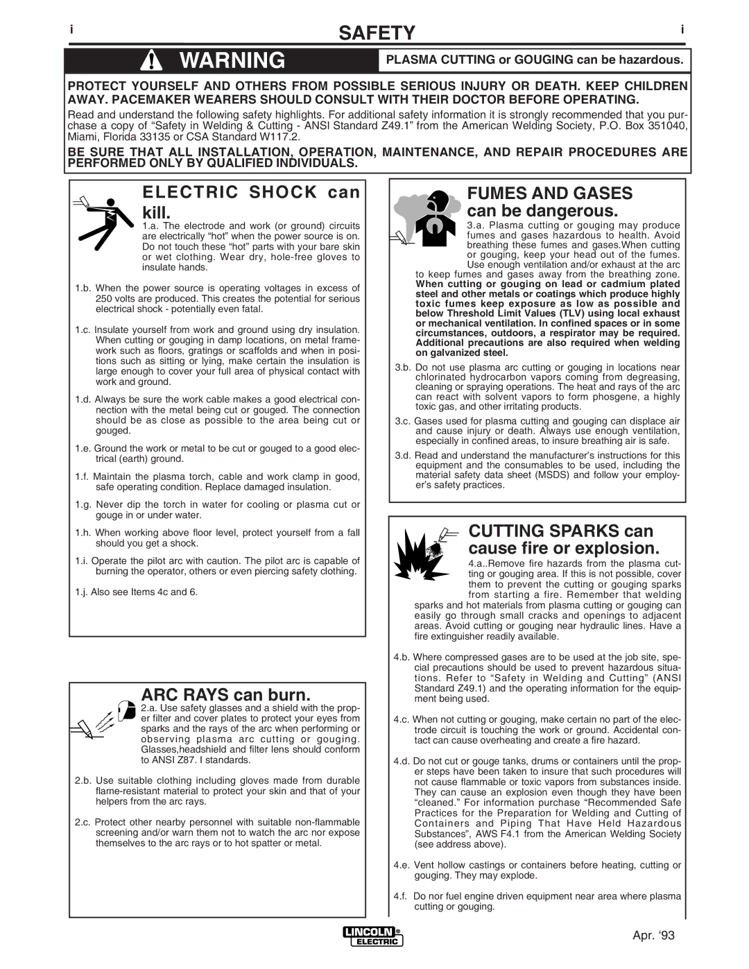 Lincoln Electric IM665 manual Safety, Electric Shock can kill 