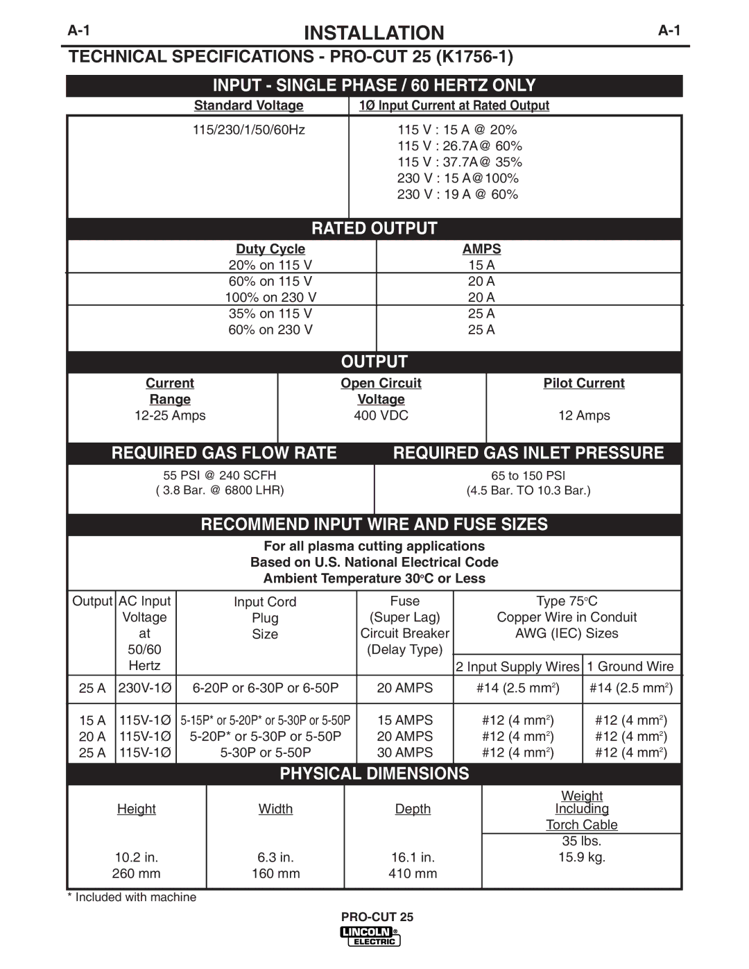 Lincoln Electric IM665 manual Installation, Technical Specifications PRO-CUT 25 K1756-1 