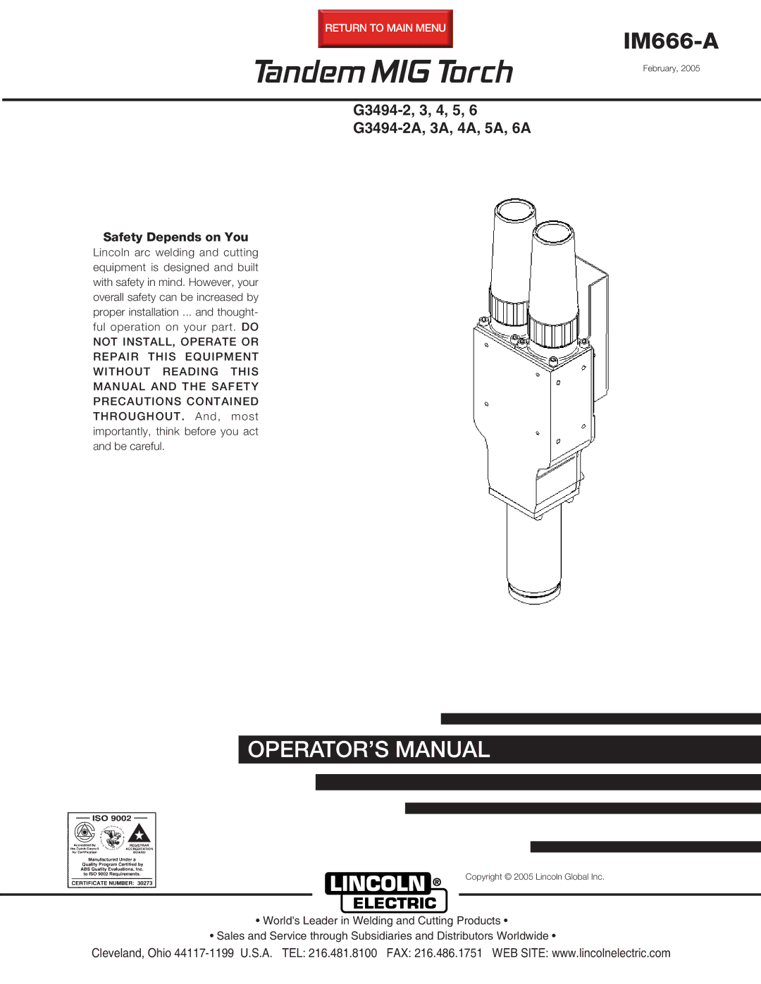 Lincoln Electric IM666-A manual Tandem MIG Torch 