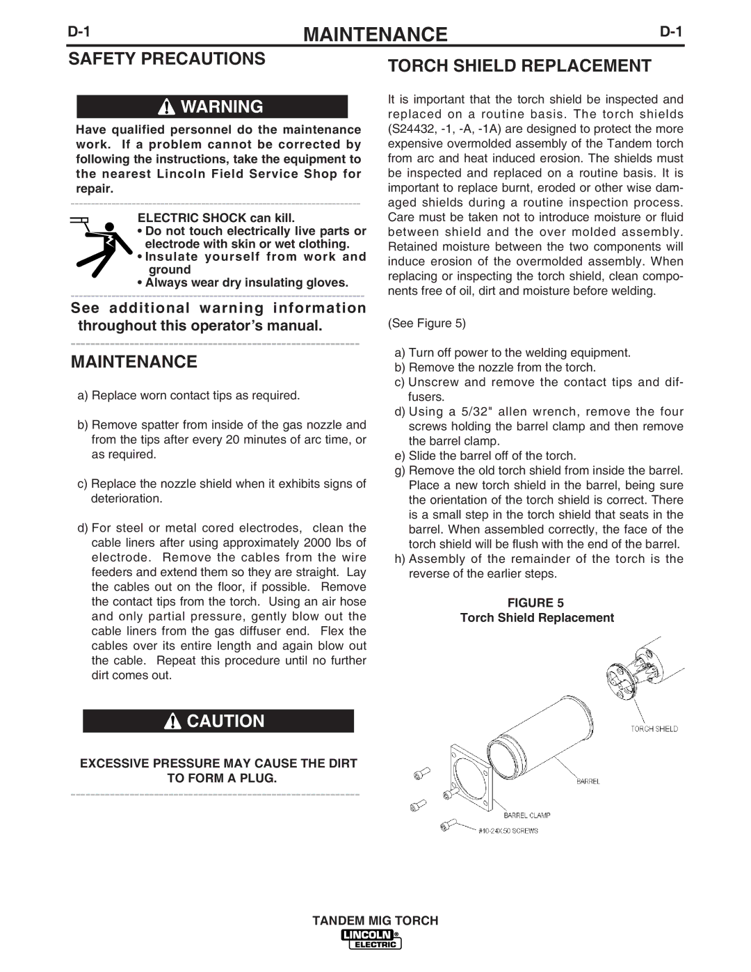 Lincoln Electric IM666-A manual Maintenance, Safety Precautions, Torch Shield Replacement 