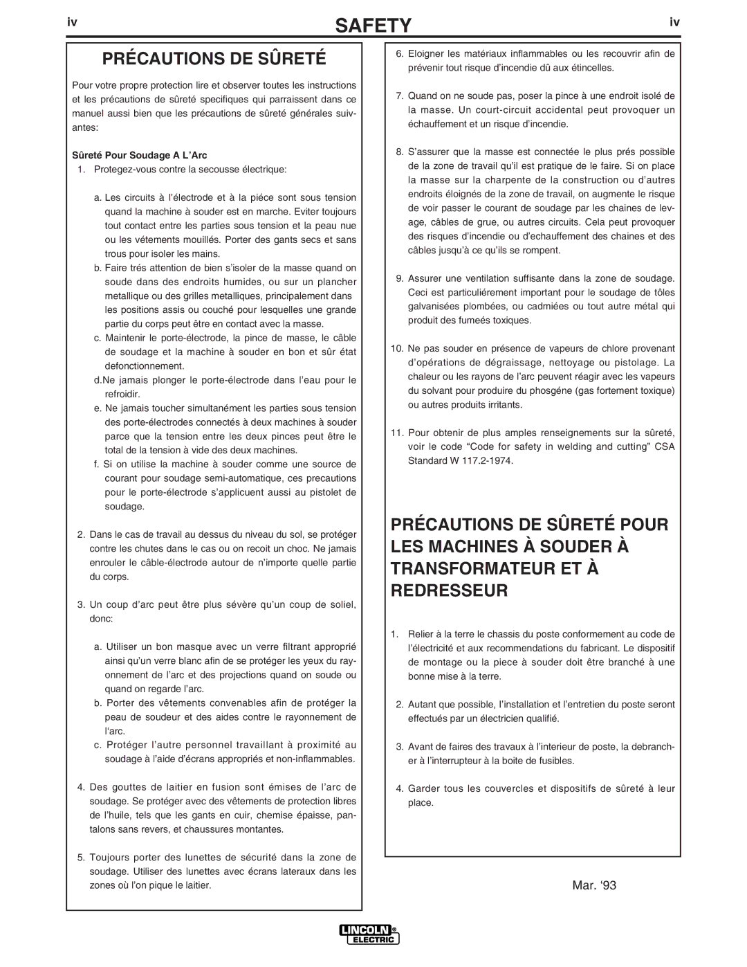 Lincoln Electric IM666-A manual Précautions DE Sûreté, Sûreté Pour Soudage a L’Arc 