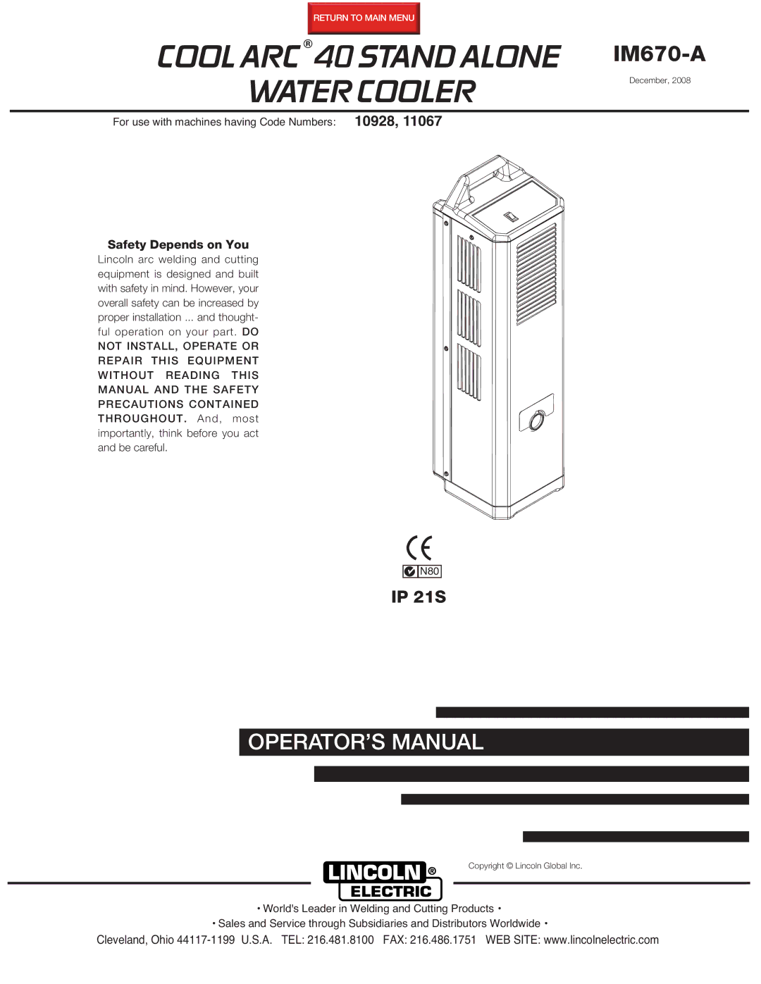 Lincoln Electric manual Cool ARC 40 Stand Alone IM670-A Water Cooler 