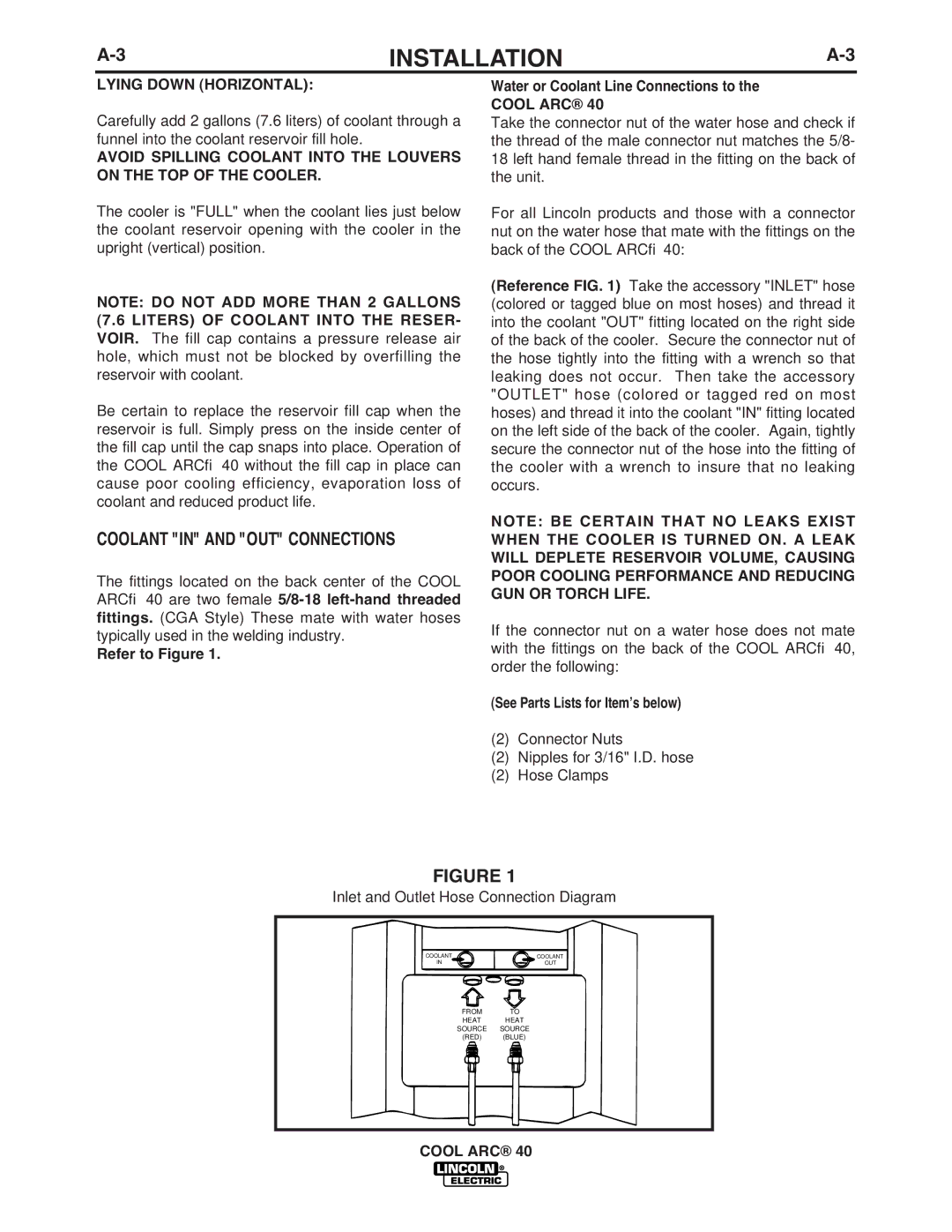 Lincoln Electric IM670-A manual Coolant in and OUT Connections, Refer to Figure Water or Coolant Line Connections to 