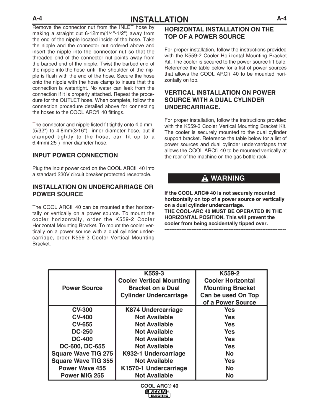 Lincoln Electric IM670-A manual Input Power Connection, Installation on Undercarriage or Power Source, K559-3 K559-2 