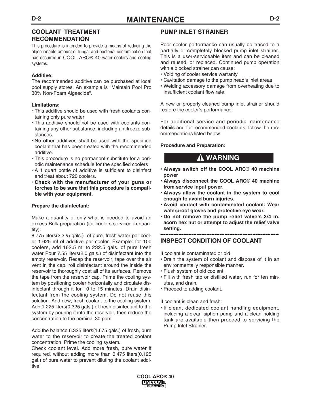 Lincoln Electric IM670-A Coolant Treatment Recommendation, Pump Inlet Strainer, Inspect Condition of Coolant, Additive 