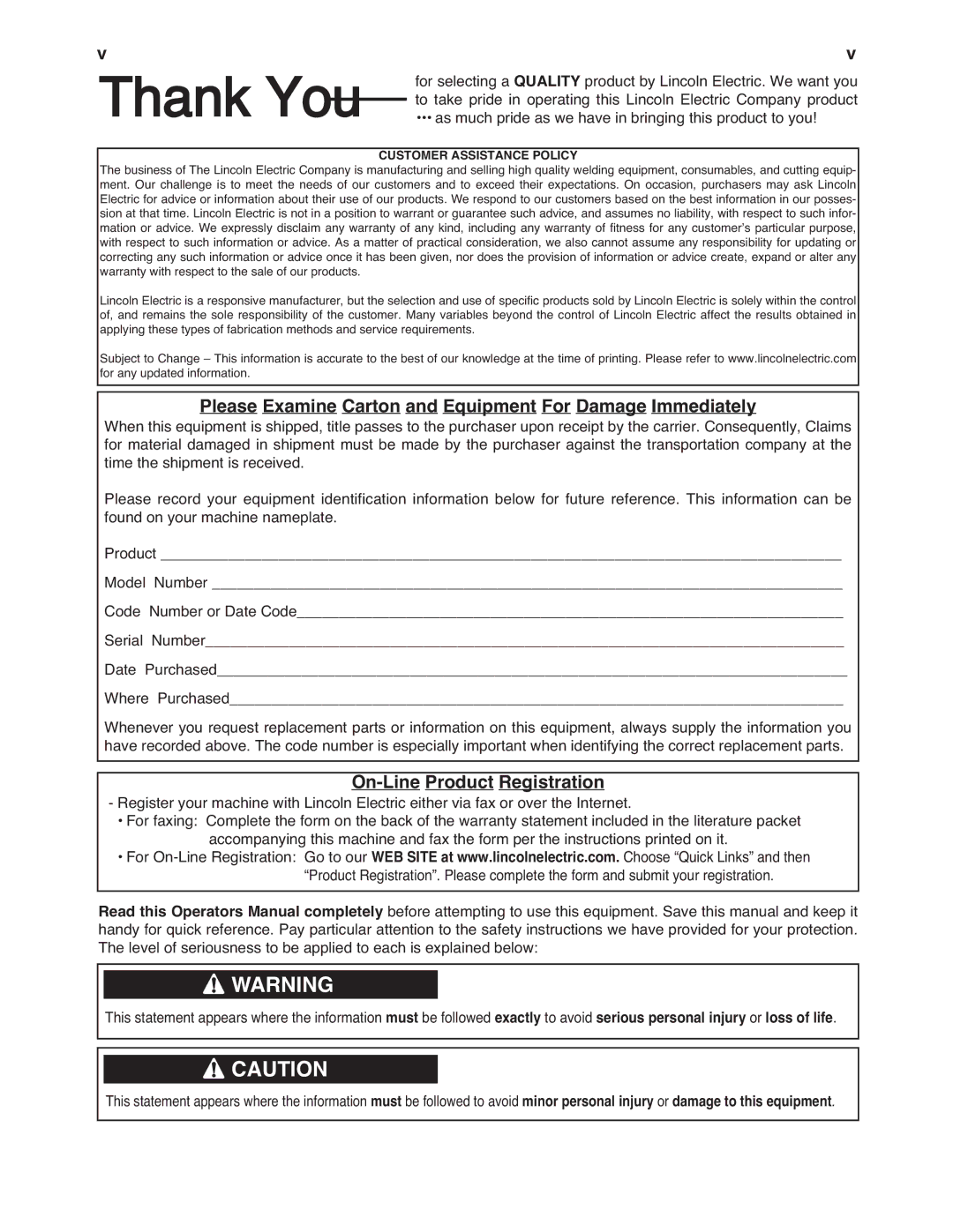 Lincoln Electric IM670-A manual Please Examine Carton and Equipment For Damage Immediately, On-Line Product Registration 