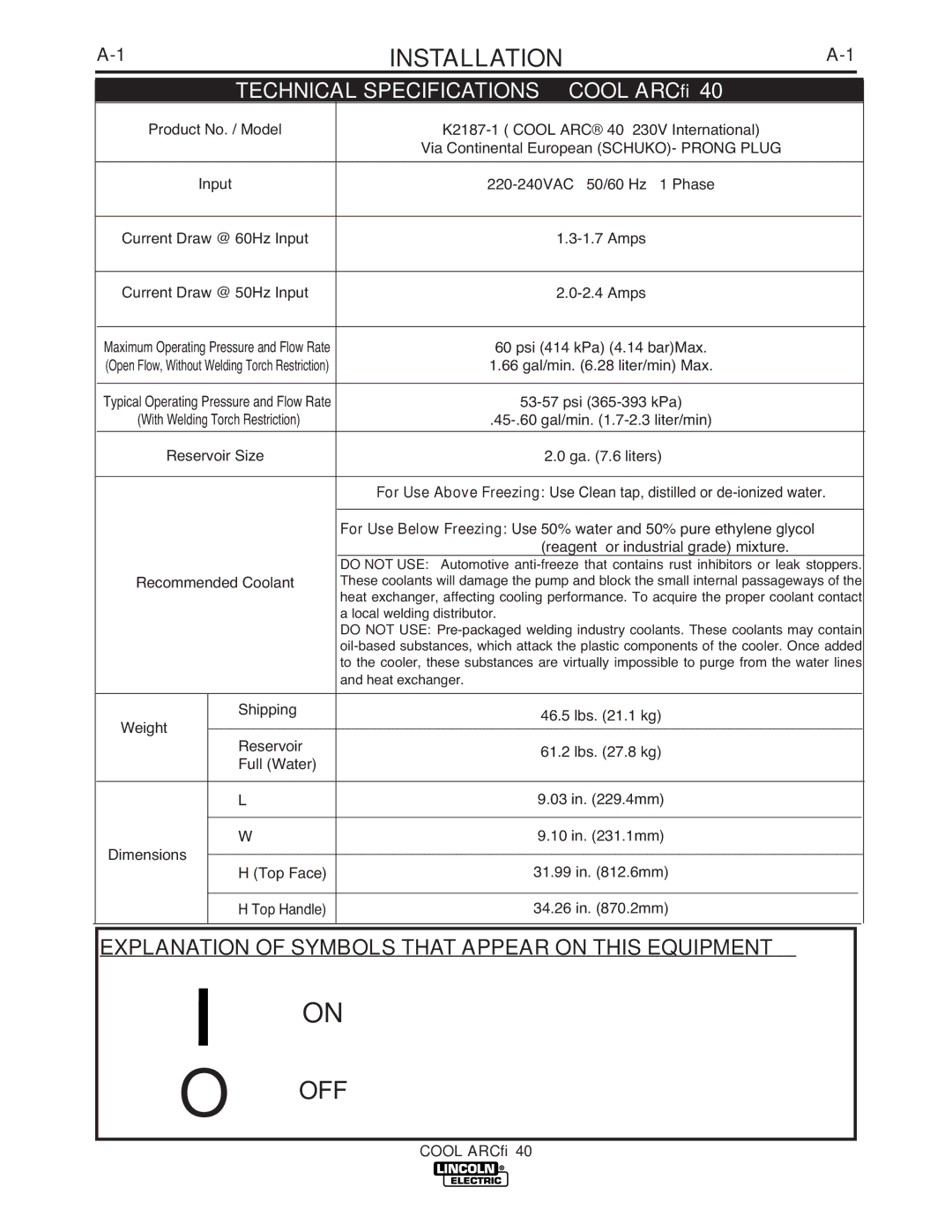 Lincoln Electric IM670-A manual Installation, Off 