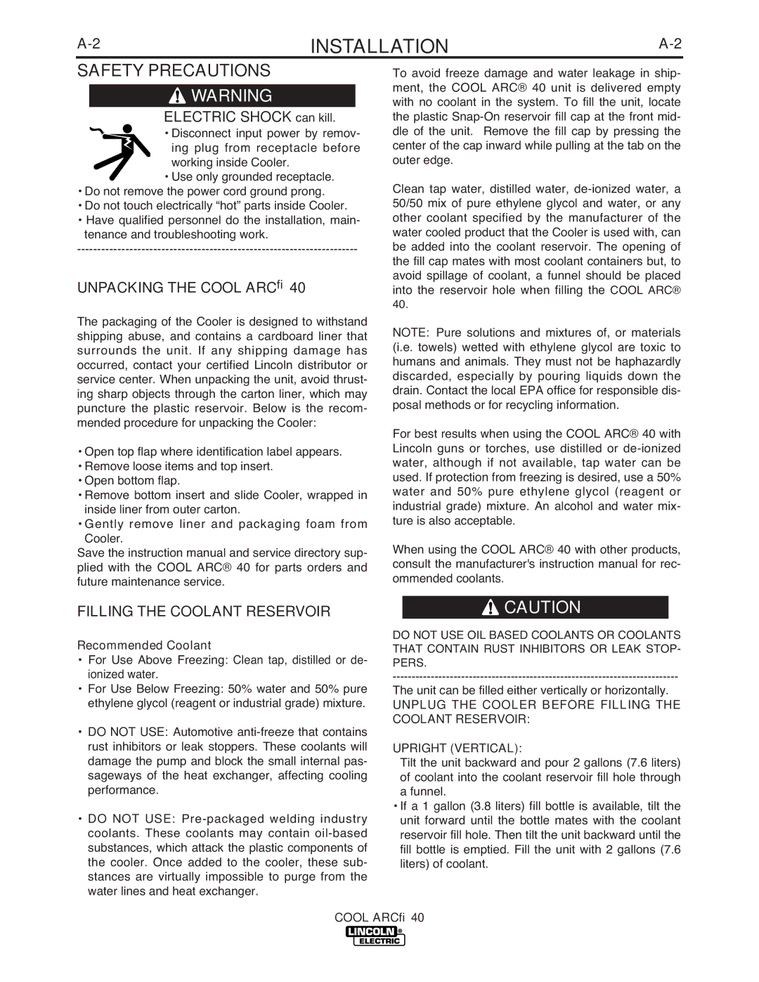 Lincoln Electric IM670-A manual Electric Shock can kill, Unpacking the Cool ARC, Filling the Coolant Reservoir 