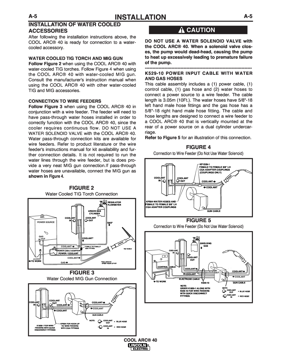 Lincoln Electric IM670-A Installation, DO NOT USE A WATER SOLENOID VALVE with, the COOL ARC 40. When a solenoid valve clos 